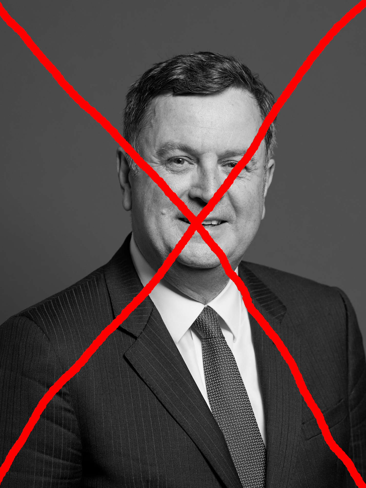 Mel Stride's official parliamentary portrait rendered monochrome & crossed out with a hand-drawn red X.